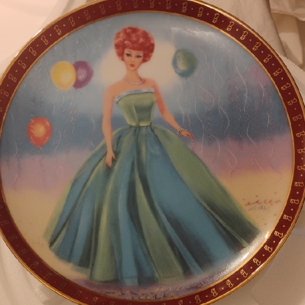 Barbie Decorative Plate Featuring Elegant Redheaded Doll in Blue-Green Gown